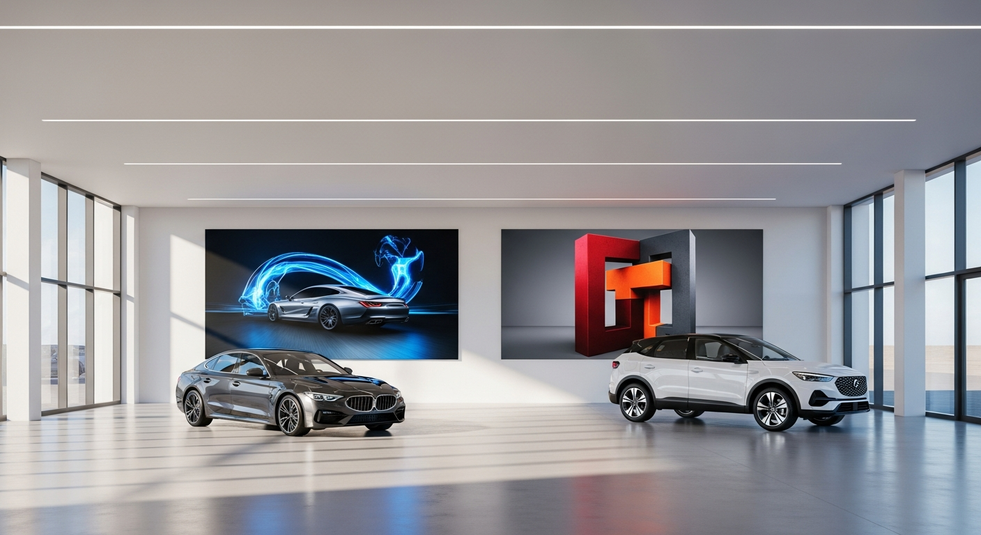 Digital display screens on the wall of a modern car dealership showroom, with vehicles on the floor below