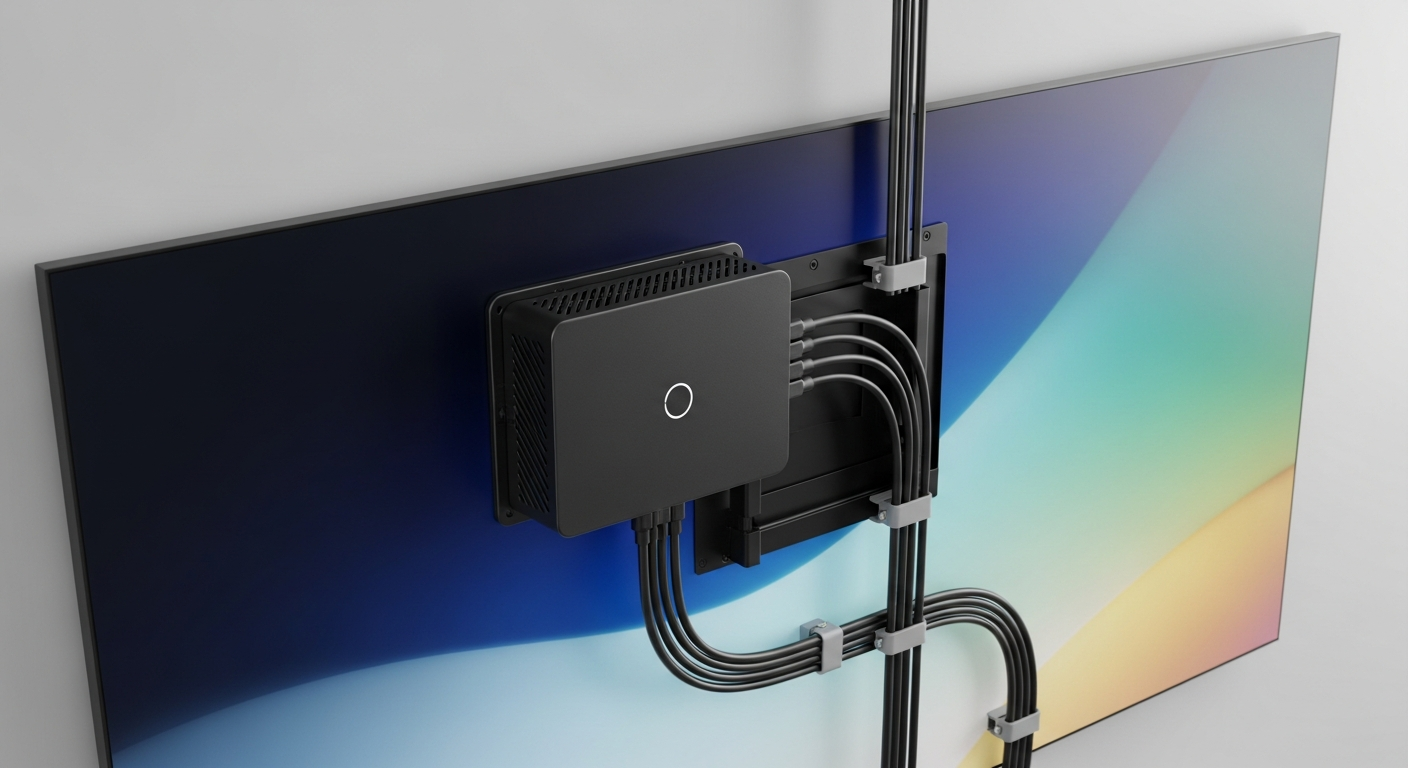 A compact commercial digital signage media player mounted on the back of a wall-mounted display screen