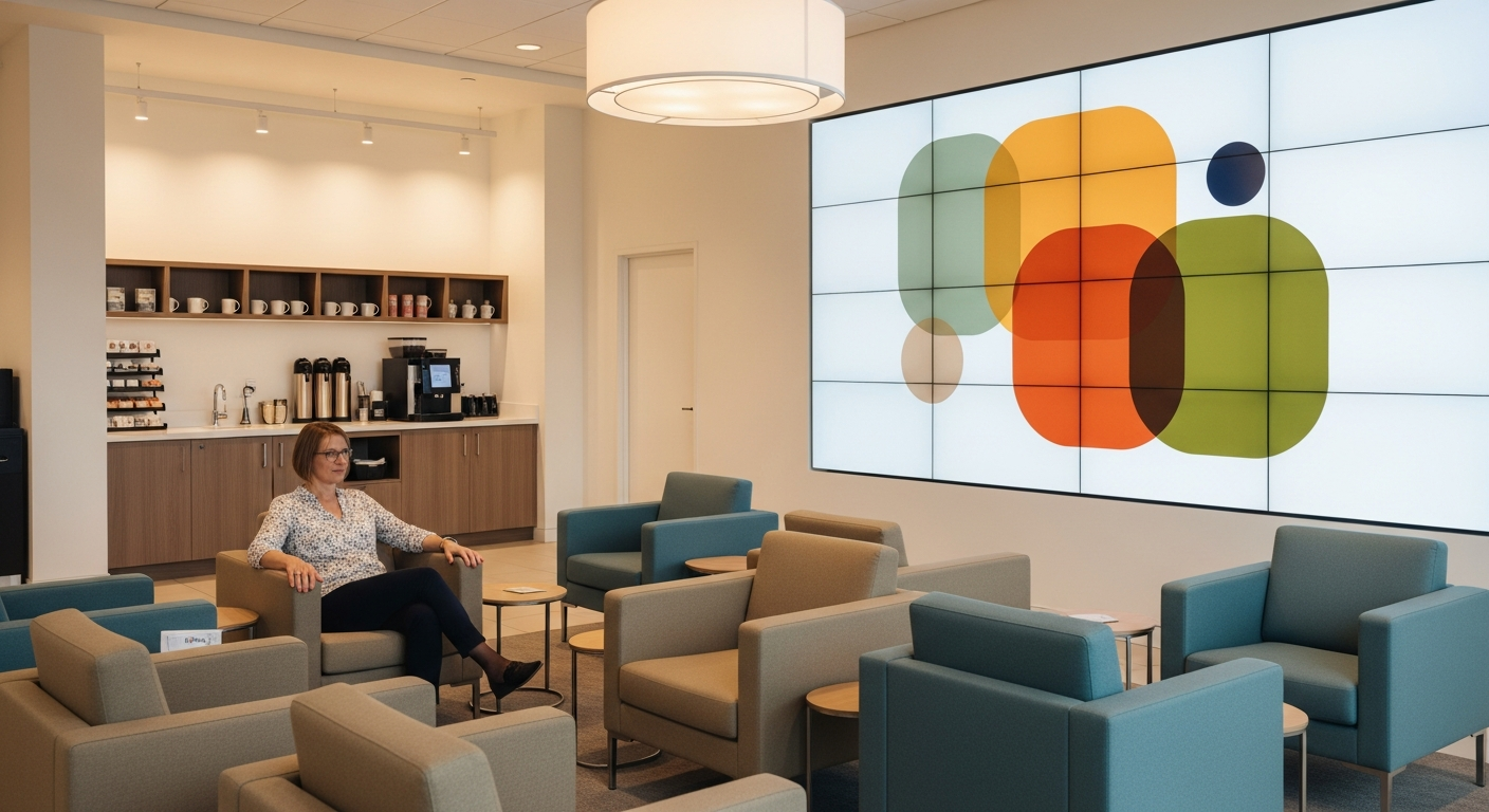 A comfortable car dealership service waiting area with a customer seated below a wall-mounted digital display screen