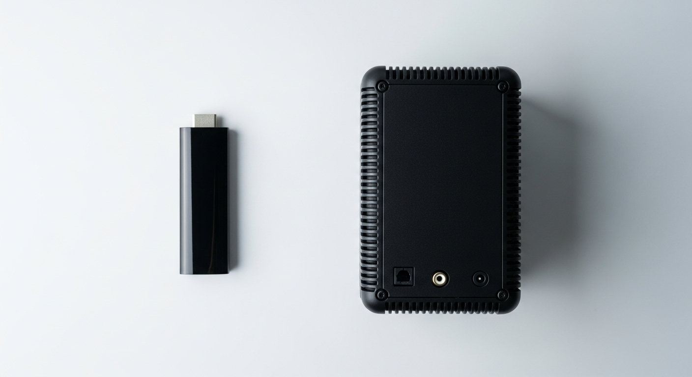 Overhead product comparison of a slim consumer streaming dongle alongside a heavier commercial-grade digital signage media player