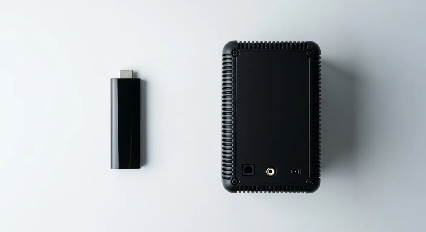 Overhead product comparison of a slim consumer streaming dongle alongside a heavier commercial-grade digital signage media player
