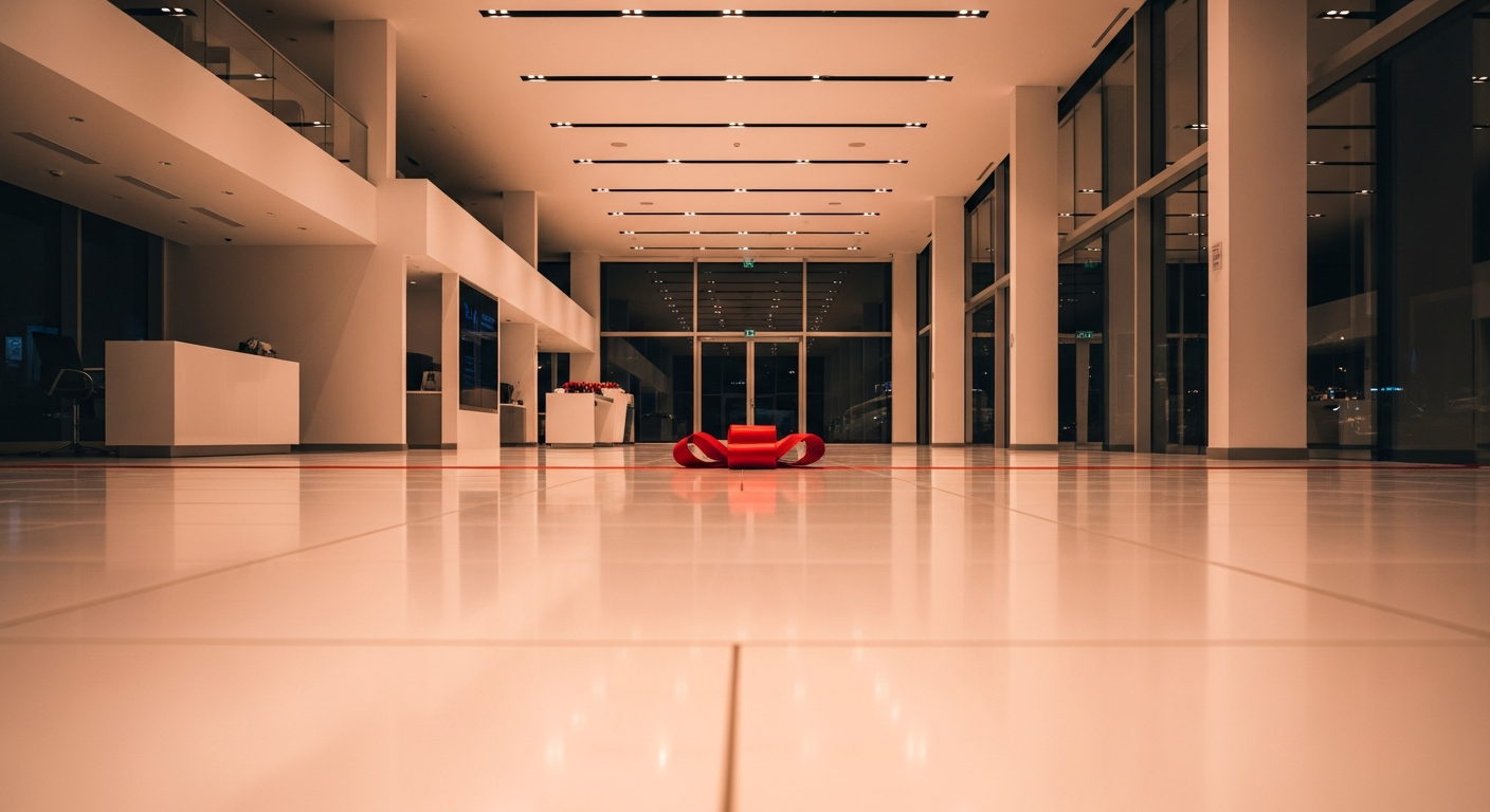 The interior of an empty, warmly lit car dealership handover bay with a polished floor, ready for a vehicle reveal