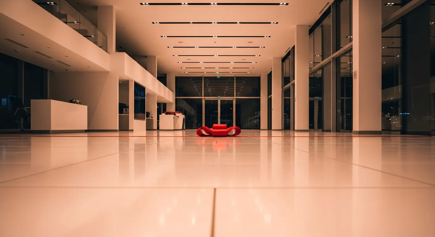 The interior of an empty, warmly lit car dealership handover bay with a polished floor, ready for a vehicle reveal